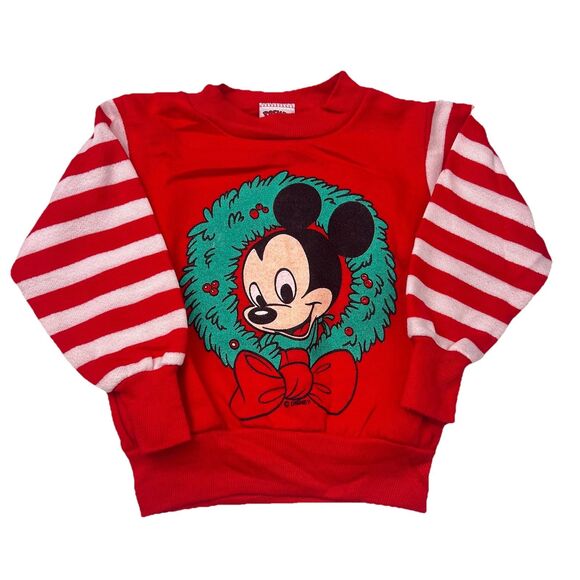 VTG Disney Christmas Mickey Mouse Jog Togs Sears 2T Sweatshirt Striped Sleeves - Picture 1 of 16